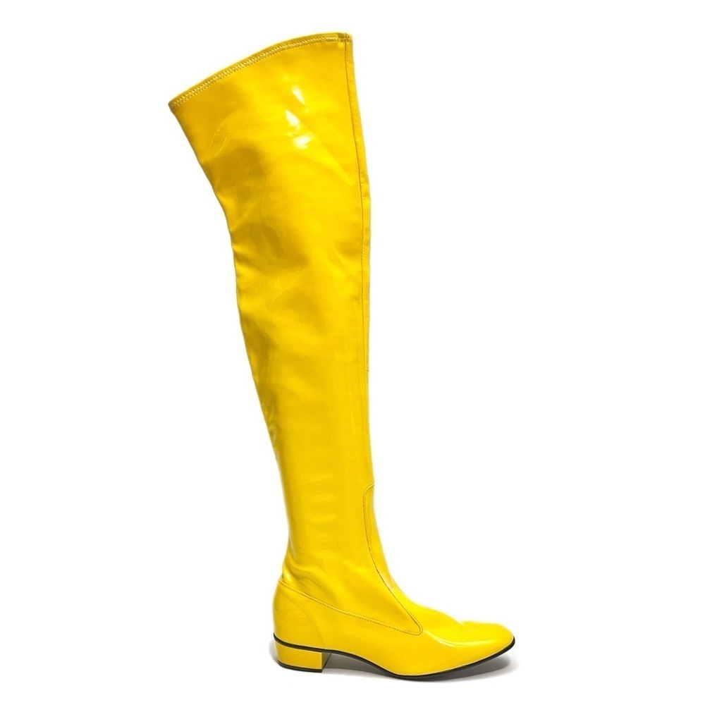 Vintage 1960s deadstock banana yellow vinyl over the knee pull on gogo boots